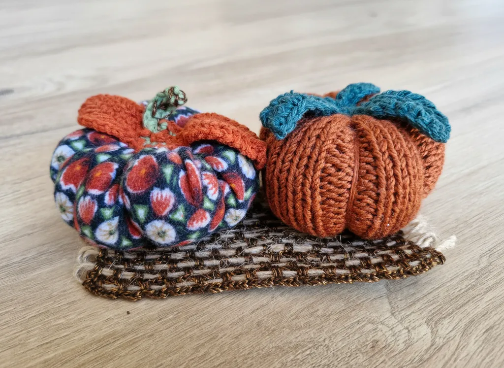 Knitted Decorative Pumpkin Set - Handmade Gift with Wicker Base