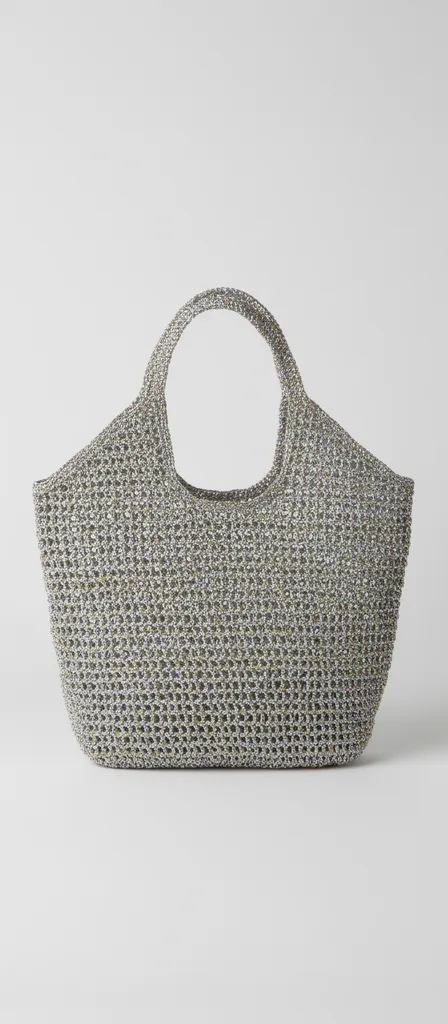 Gümüş Metalik İplik Örgü Plaj Çantası - Geniş Hacimli ve Dayanıklı