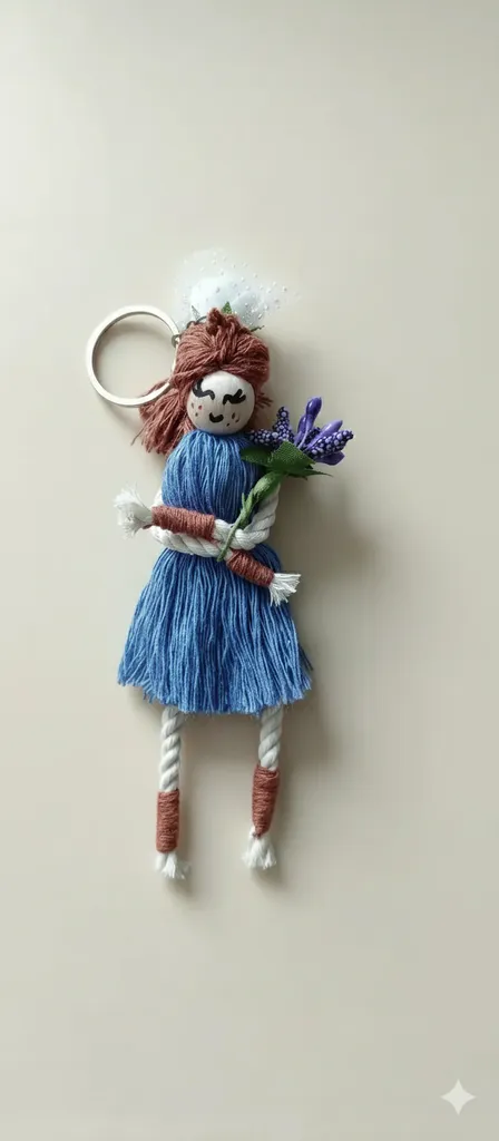 Mavi Elbiseli Makrome Bebek Anahtarlık - Kahverengi Saçlı El Emeği