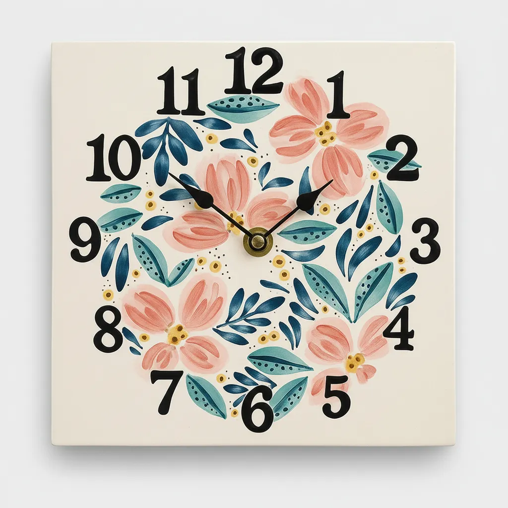 Flower Patterned Square Iznik Tile Wall Clock - Handmade 20x20