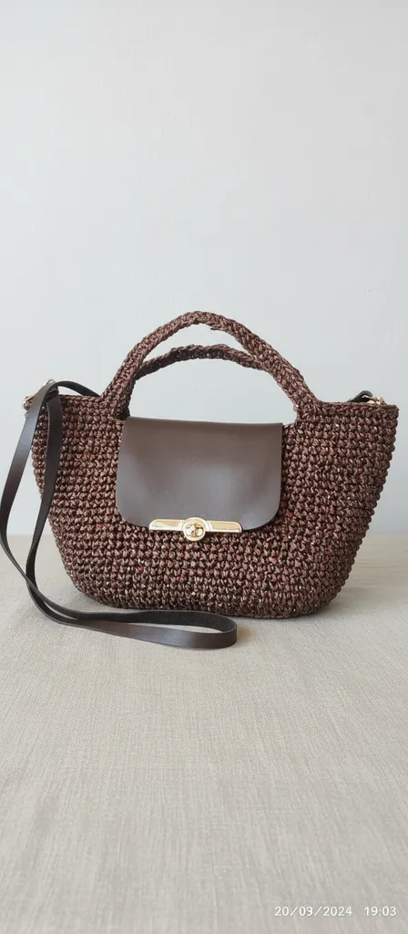 Bronz Kağıt İp Örgü El ve Omuz Çantası - Metalik Detaylı