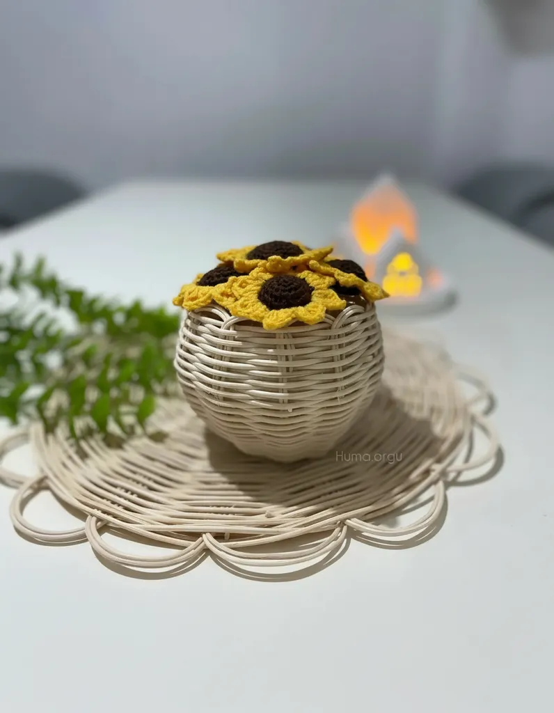 Örgü Ayçiçeği Buketi - Rattan Saksıda Pamuk İpten El Yapımı