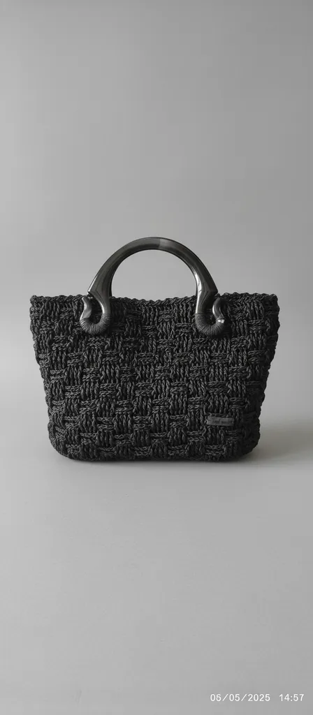 Siyah Kağıt İp Örgü Omuz Çantası - Astarlı ve Cepli El Yapımı