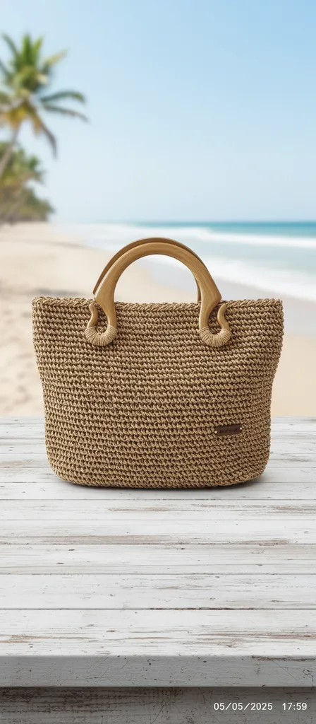 Doğal Hasır Örgü Omuz Çantası - Ahşap Saplı ve Astarlı Plaj Çantası