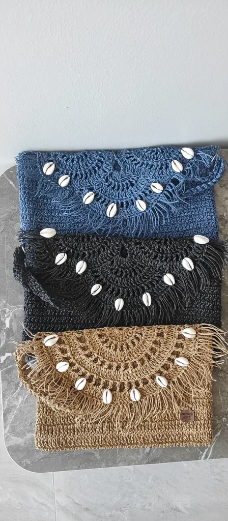Kağıt İp Örgü Clutch Çanta - Deniz Kabuklu, Astarlı ve Cepli