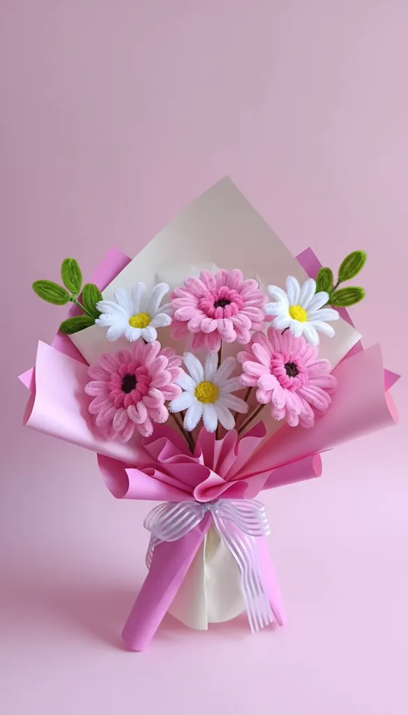 Şönil İpten Pembe ve Beyaz Gerbera Papatya Buketi - El Yapımı