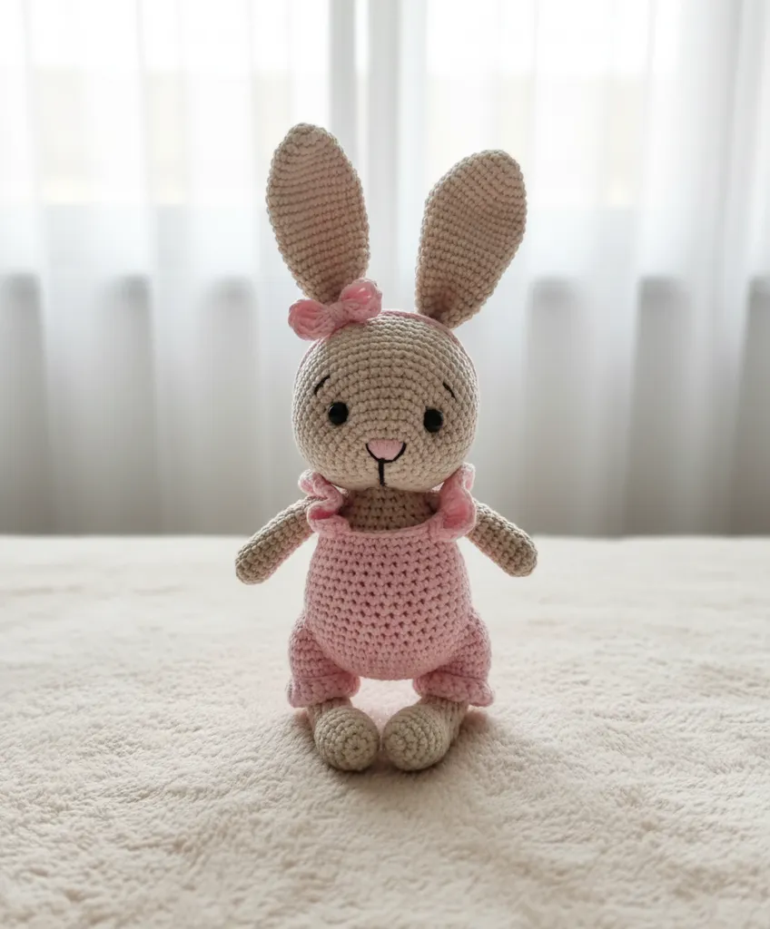 Pembe Tulumlu Amigurumi Tavşan Oyuncak Bebek - El Yapımı Hediye