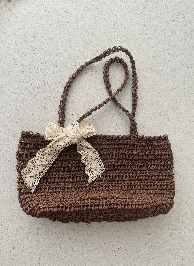 Kahverengi Kağıt İp Örgü Kol Çantası ve Dantel Detayı - El Emeği