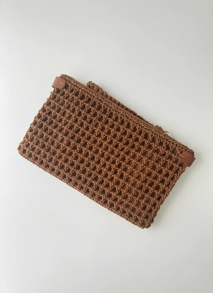 Brown Waxed Cord Knitted Bag - Stylish Design with Leather Details