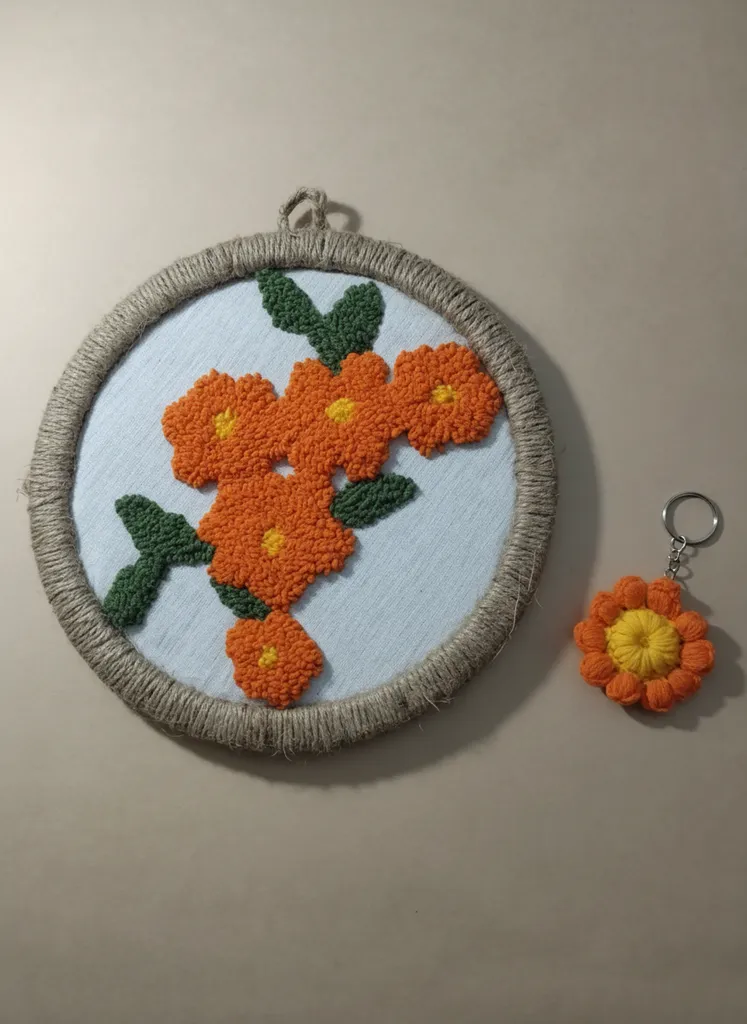 Turuncu Çiçek Desenli Punch İşleme Duvar Panosu ve Anahtarlık Seti