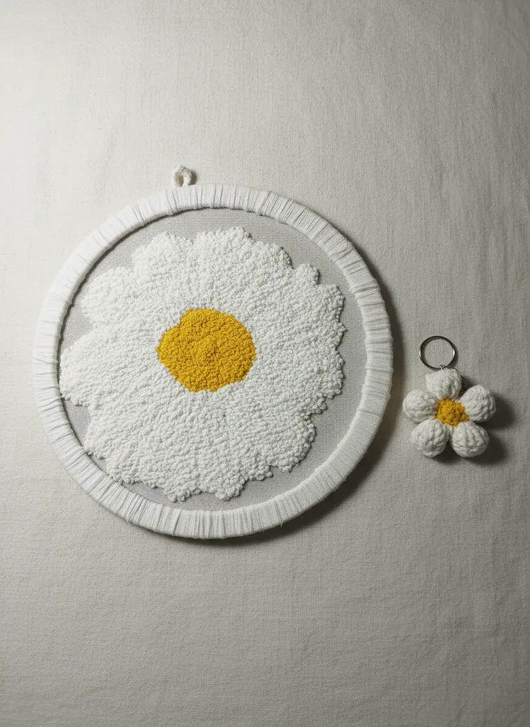 Beyaz Papatya Desenli Punch İşleme Duvar Panosu ve Anahtarlık Seti