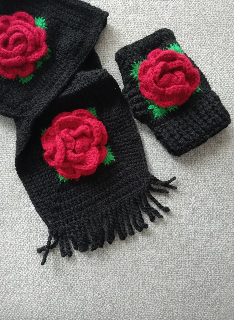 Black Rose Patterned Knitted Half Finger Gloves and Scarf Set - Handmade