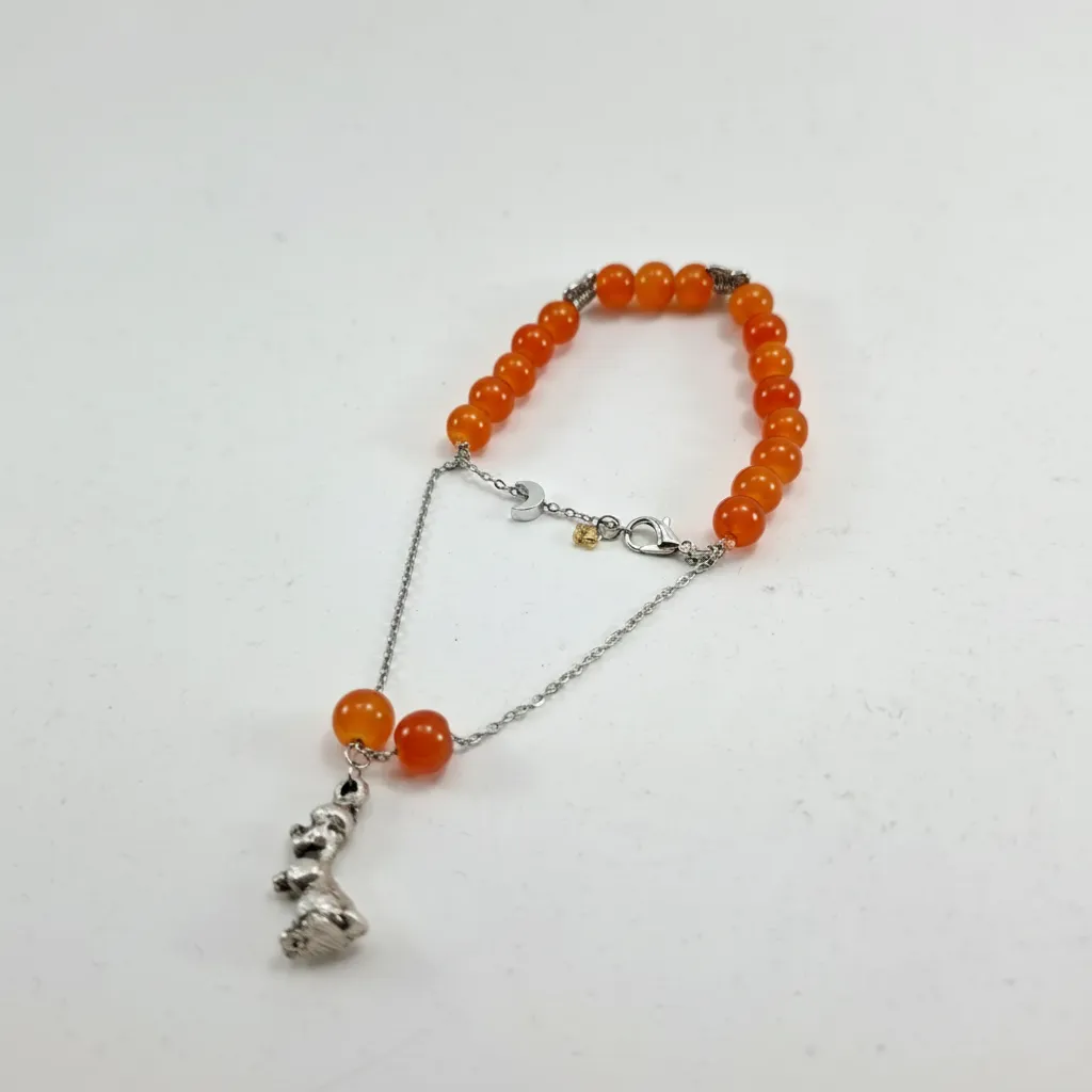 Orange Beaded Silver Chain Bracelet - Dog Figure Lucky Bracelet