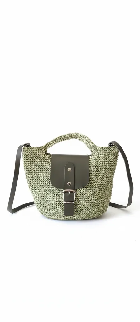 Yeşil Örgü Omuz ve El Çantası - Deri Detaylı, Tokalı Model