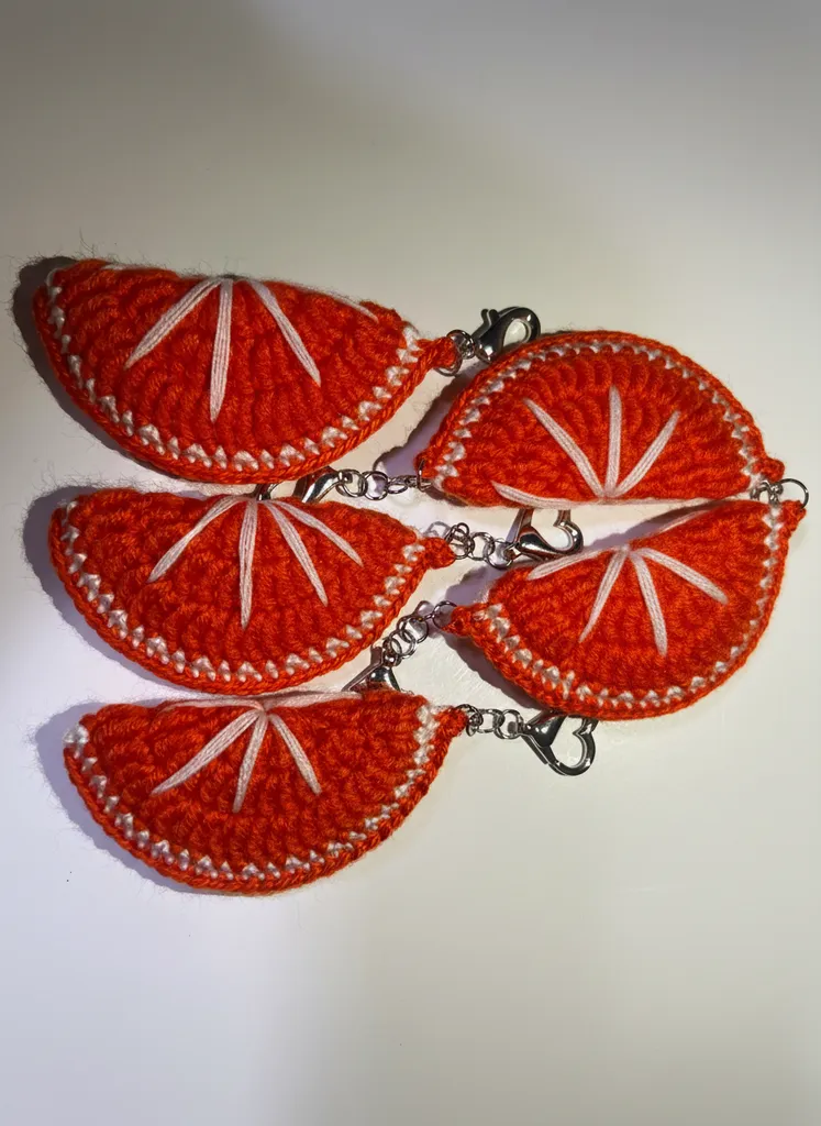 Örme Portakal Dilimi Anahtarlık Charm - Turuncu Renkli, El Yapımı, 5 Adet