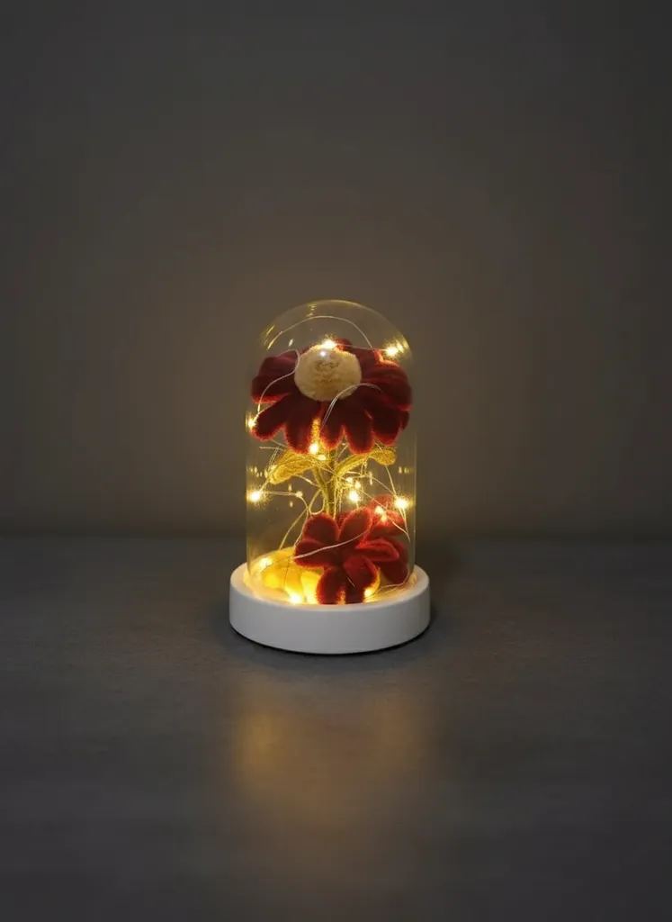Red Velvet Rose Designed Lighted Cloche - Decorative Lamp