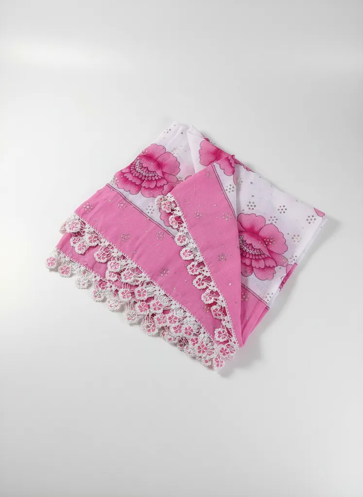 Pembe Çiçek Desenli Boncuklu Tığ Oyası Başörtüsü - 90x90 cm