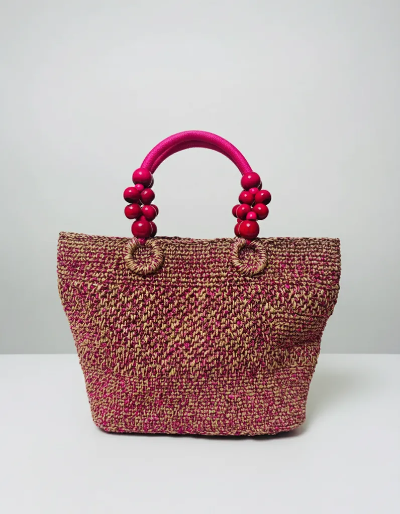Fuşya Metalik İp Örgü Çanta - Boncuklu Detaylı Saplı Şık Tasarım