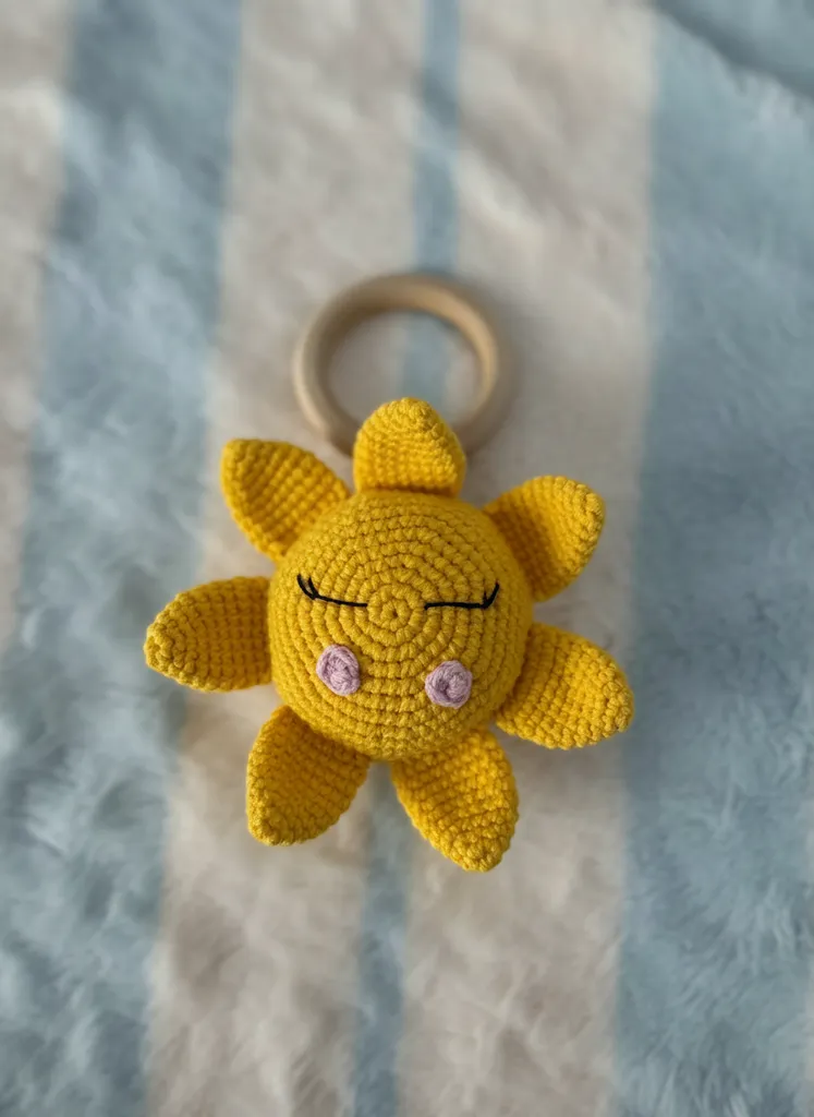 Sarı Amigurumi Güneş Bebek Çıngırak ve Ahşap Diş Kaşıyıcı - El Emeği