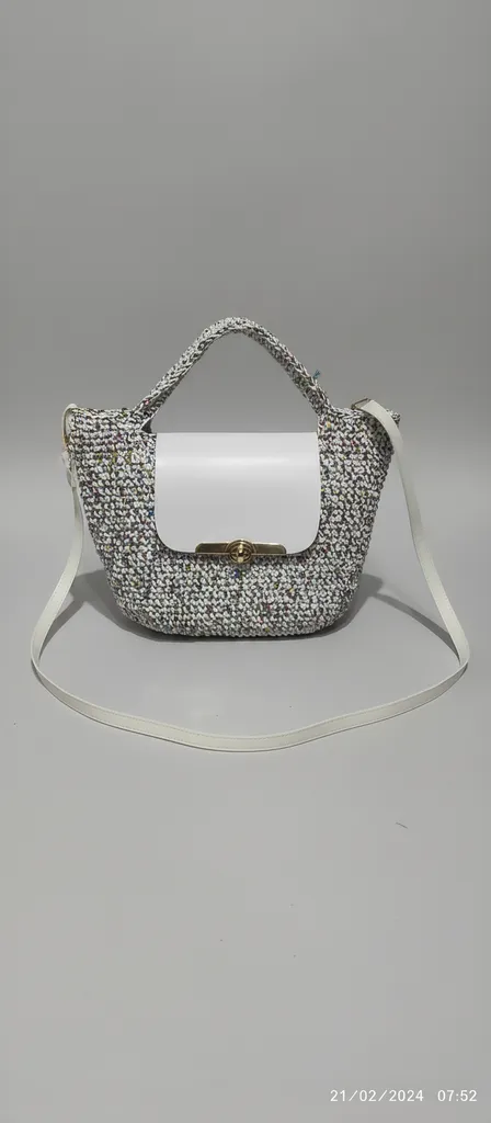 Metalik İpli Beyaz Örgü Omuz ve El Çantası - Astarlı ve Cepli