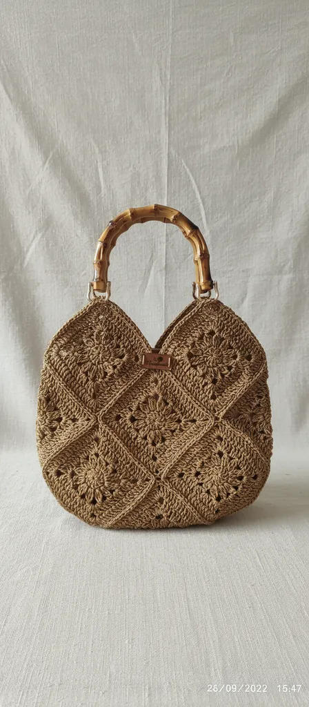 Bambu Saplı Kağıt İp Örgü Motifli Omuz Çantası - El Emeği