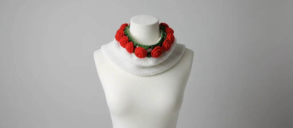 Beyaz Örgü Buket Şal - Kırmızı Gül Detaylı, 70-75 cm - El Emeği