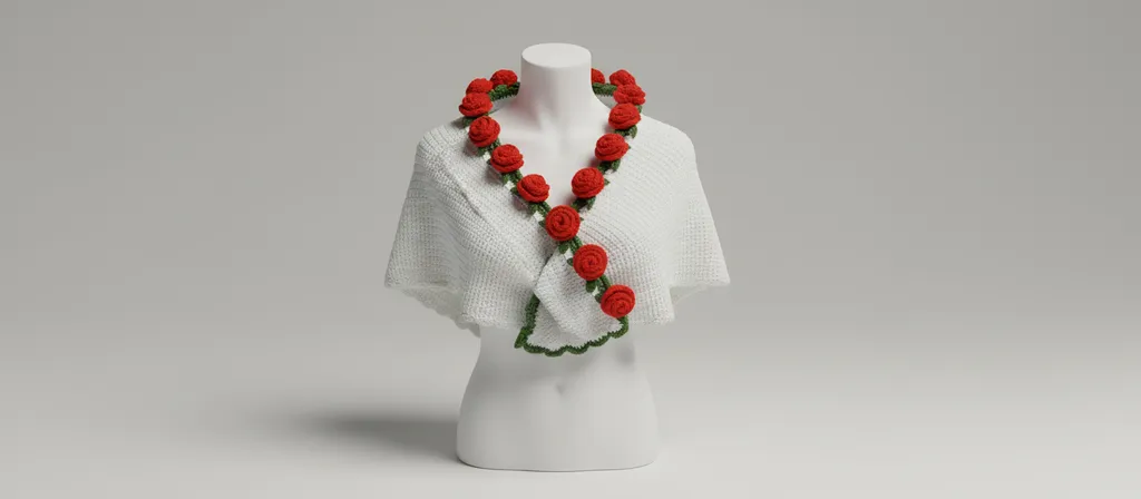 Beyaz Örgü Buket Şal - Kırmızı Gül Detaylı, 70/75 cm, El Emeği