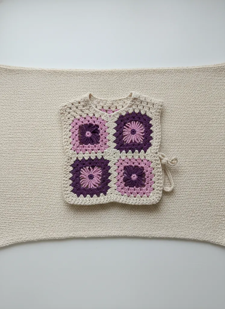 Krem ve Lila Çiçek Motifli Örgü Süveter - 1/1.5 Yaş Çocuk