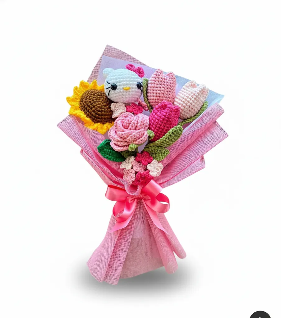 Pink Hello Kitty and Knitted Flower Bouquet - Handmade Gift