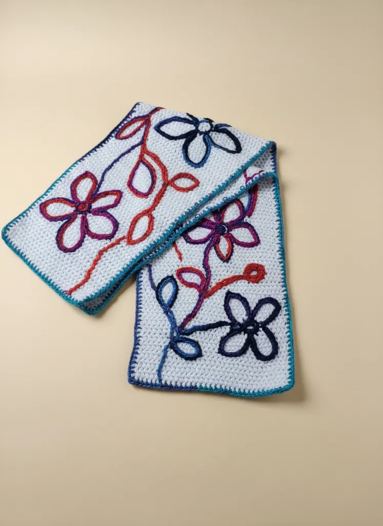 Beyaz Örgü Çiçek Desenli Atkı - El Emeği Göz Nuru 166 cm