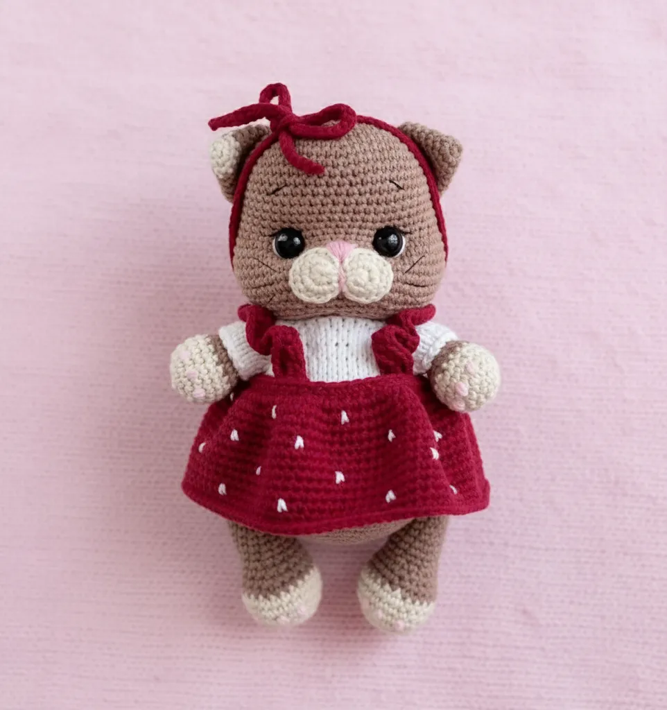 Örgü Amigurumi Kedi Oyuncak - Kırmızı Elbise ve Kurdele Detaylı