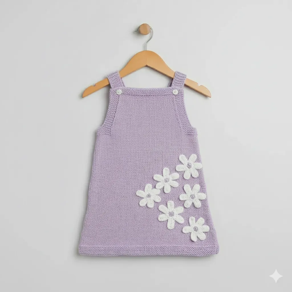 Lila Örgü Bebek Elbisesi (0-2 Yaş) - Beyaz Çiçek Detaylı