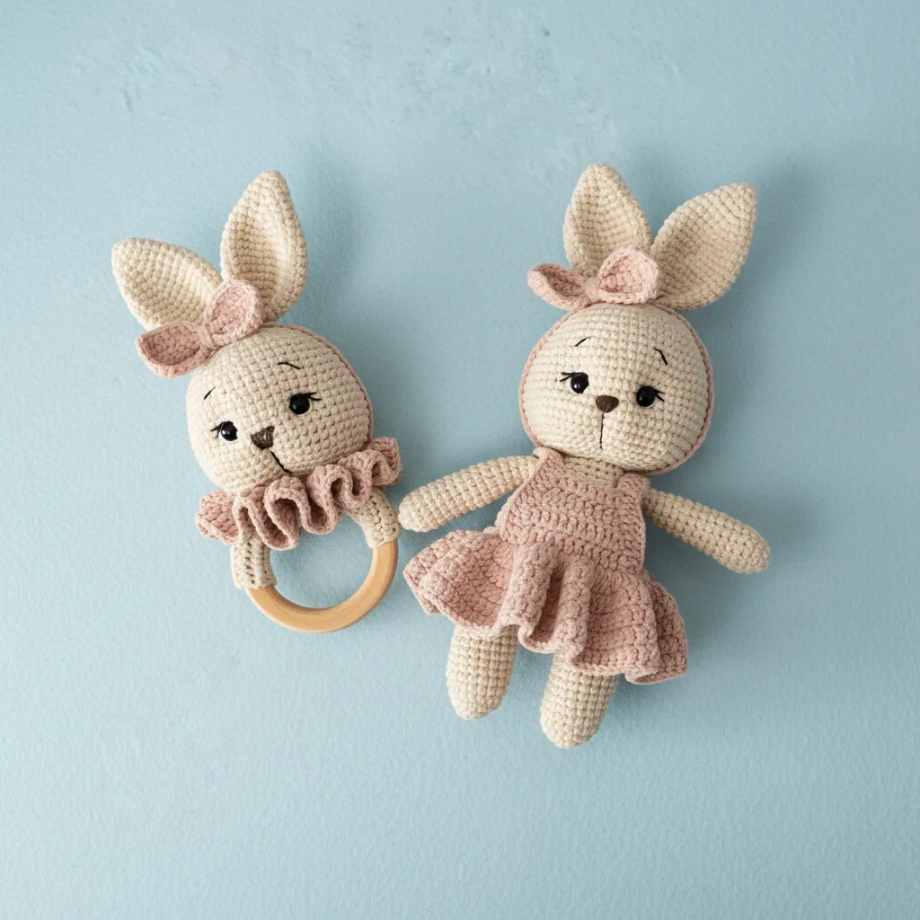 Krem ve Pembe Tonlarında Amigurumi İkili Tavşan Oyuncak Seti