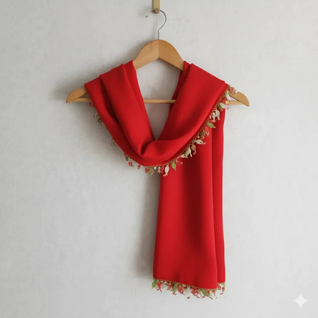 Kırmızı Şifon İğne Oyası Kenarlı Yazma Fular - El Emeği Aksesuar