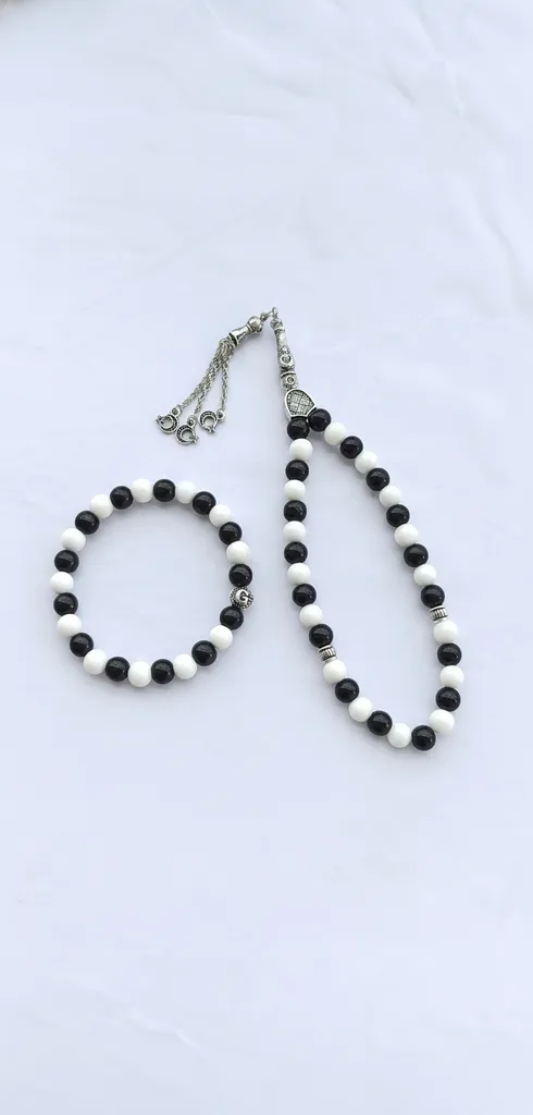 Black and White Natural Stone Rosary and Bracelet Set - Fan Gift