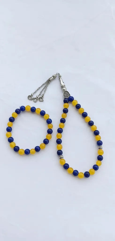 Navy Blue and Yellow Natural Stone Rosary and Bracelet Set - Fan Gift