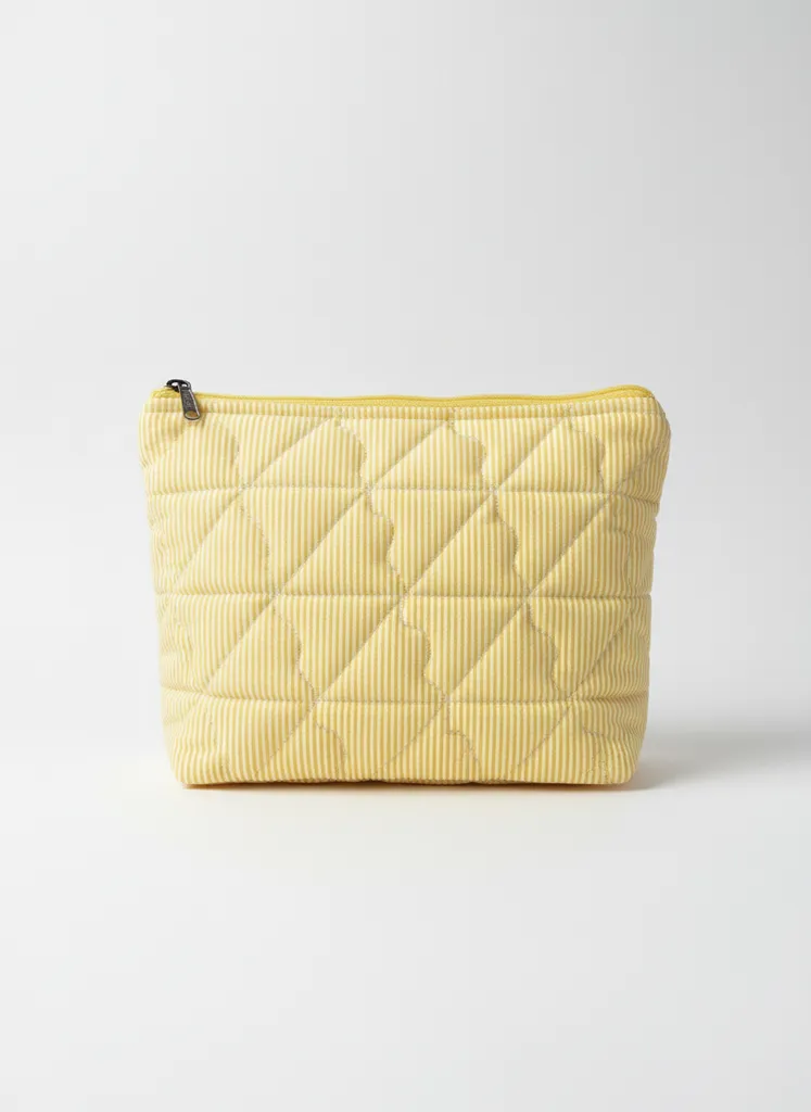 Sarı Çizgili Kapitone Makyaj Çantası - Fermuarlı, El Emeği