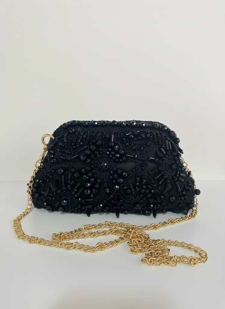 Siyah Kristal Boncuk İşlemeli Zincir Askılı Abiye El Çantası