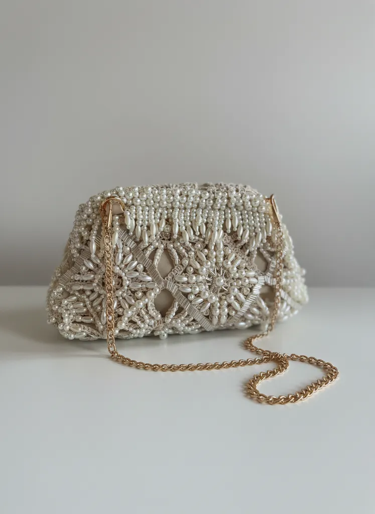 Krem Renkli İnci ve Boncuk İşlemeli Örme Portföy Çanta - El Emeği