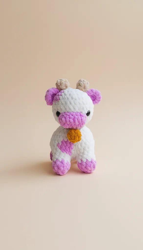 Beyaz ve Mor Renkli İnek Amigurumi Oyuncak Bebek - El Emeği