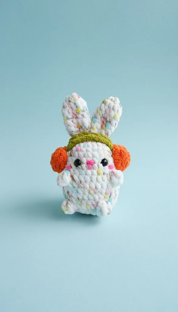 Konfetili Tavşan Amigurumi - Kulaklıklı, Kadife İple Örülmüş Oyuncak