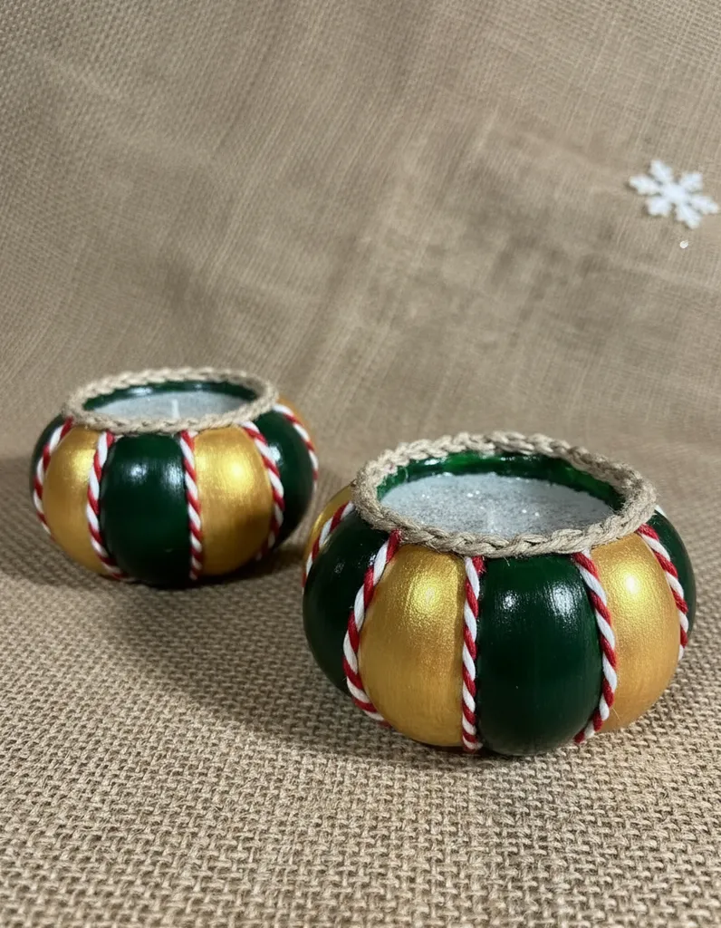Yeşil ve Gold Renkli Kabak Mum Seti - Dekoratif El Yapımı (2'li)