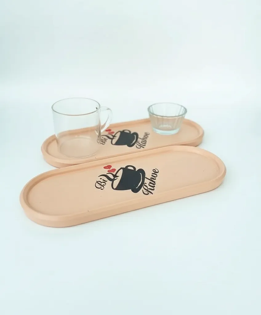 Ahşap Kahve Sunum Tepsisi - "Bi Kahve" Desenli İkili Set