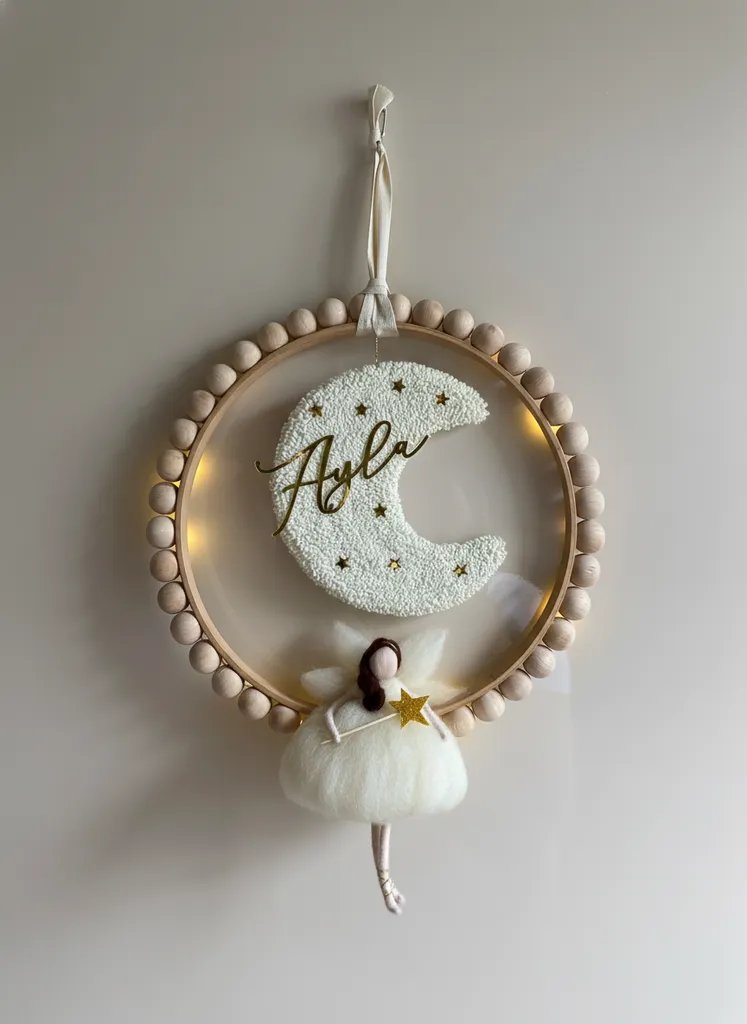 Ahşap Boncuklu LED'li Ay Yıldız İsimli Kapı Süsü ve Oda Dekorasyonu