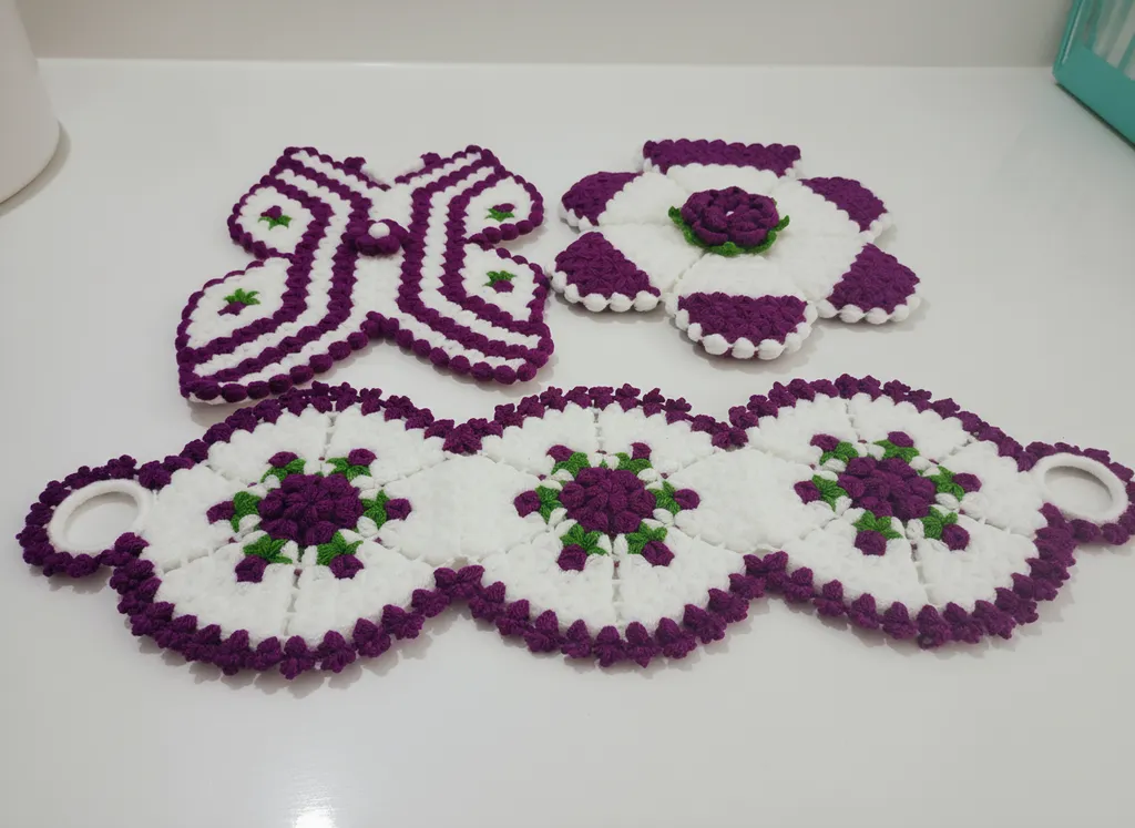 White and Purple Knitted Bath Loofah Set (3 Pieces) - Handmade
