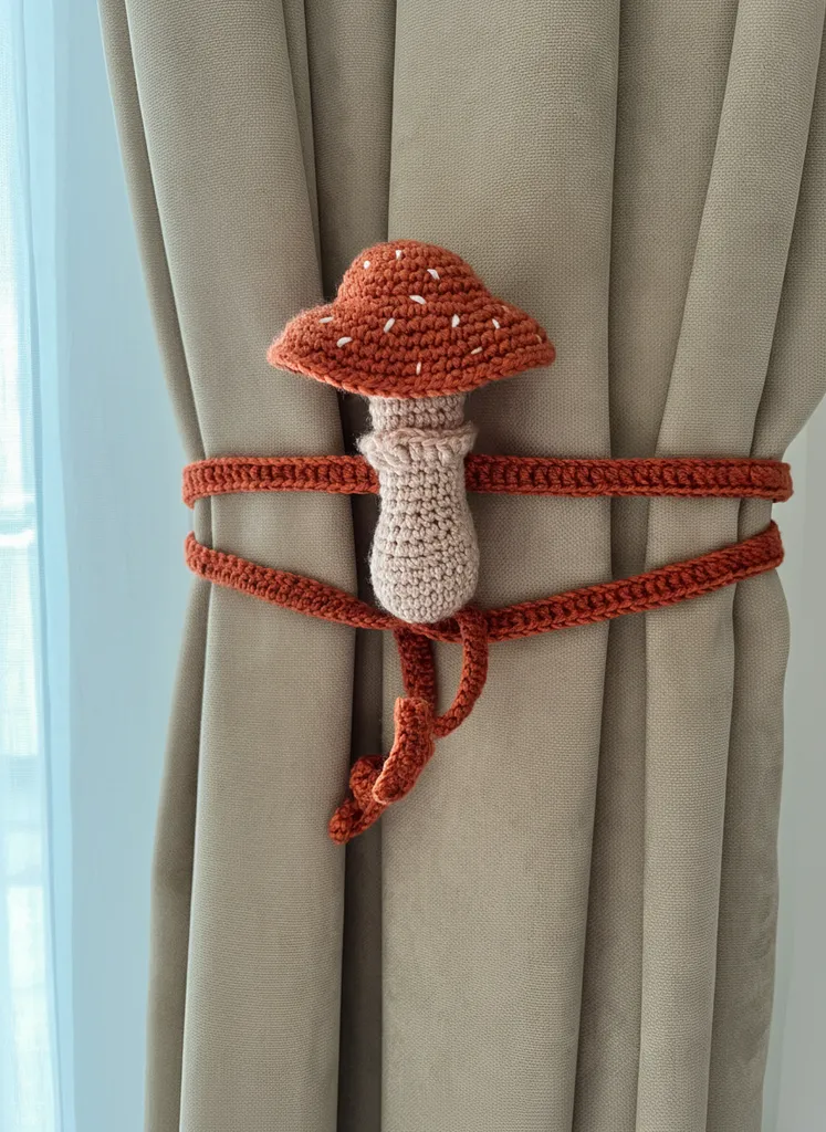 Orange Mushroom Figure Knitted Curtain Tie Back Cord - Handmade