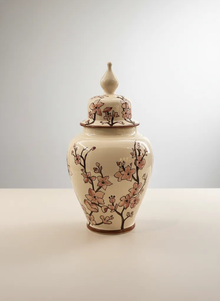 Krem Renkli Japon Çiçeği Desenli Kapaklı Çini Vazo - El Yapımı