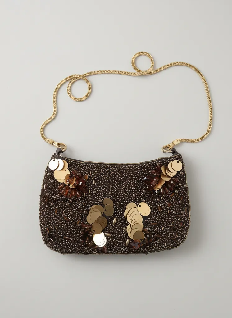 Kahverengi Boncuk ve İşlemeli Abiye Çanta - Zincir Askılı Özel Tasarım