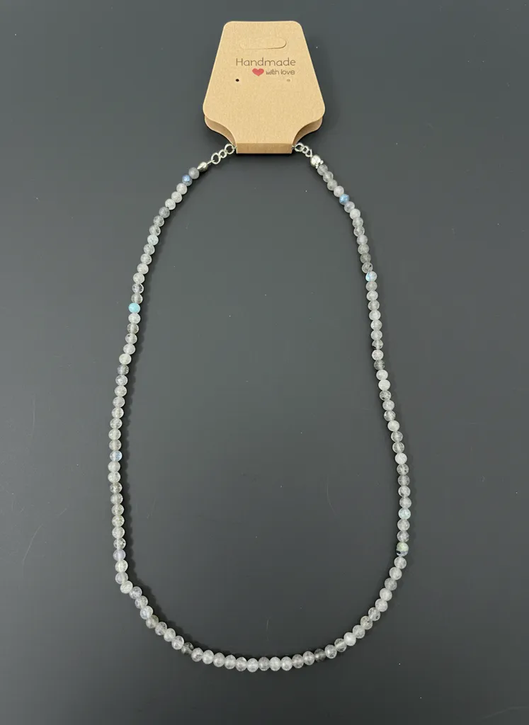 Gri Renkli Doğal Taş Labrodorit Boncuk Kolye - El Yapımı