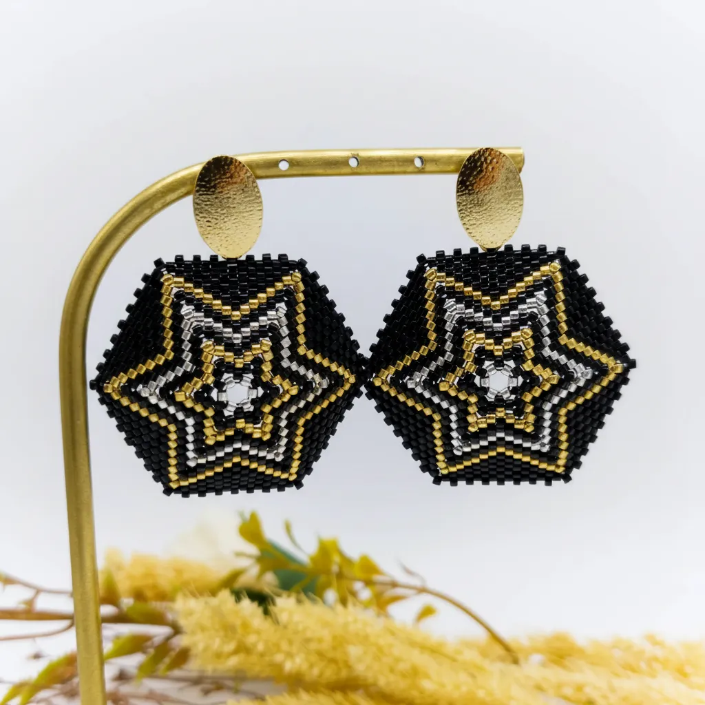 Black, Gold, and Silver Colored Miyuki Bead Hexagon Earrings